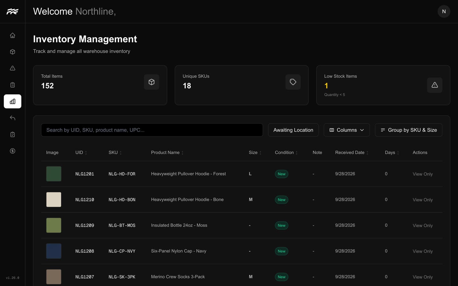 Client dashboard showing live inventory counts and items