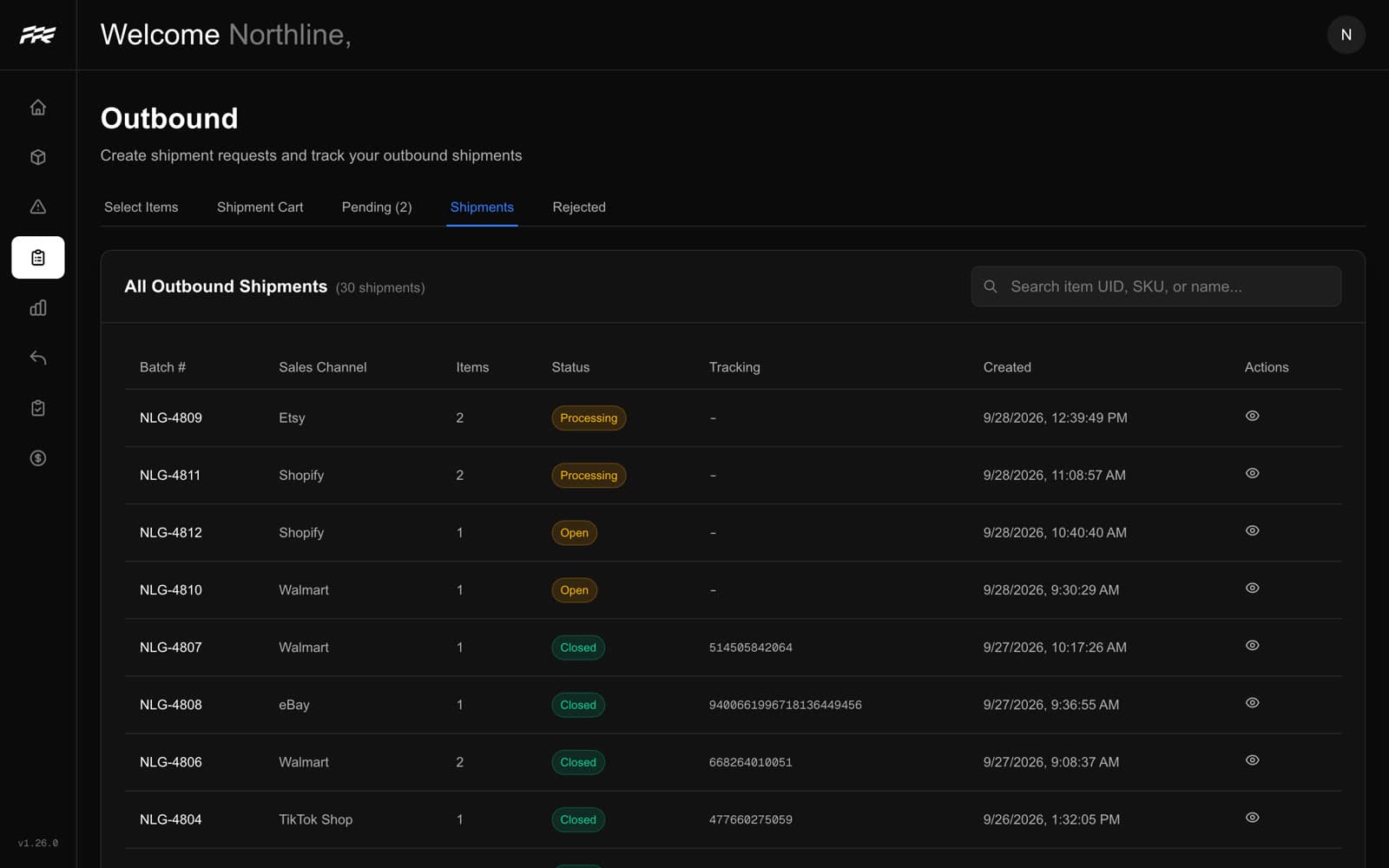 Client dashboard showing outbound shipments with status and tracking